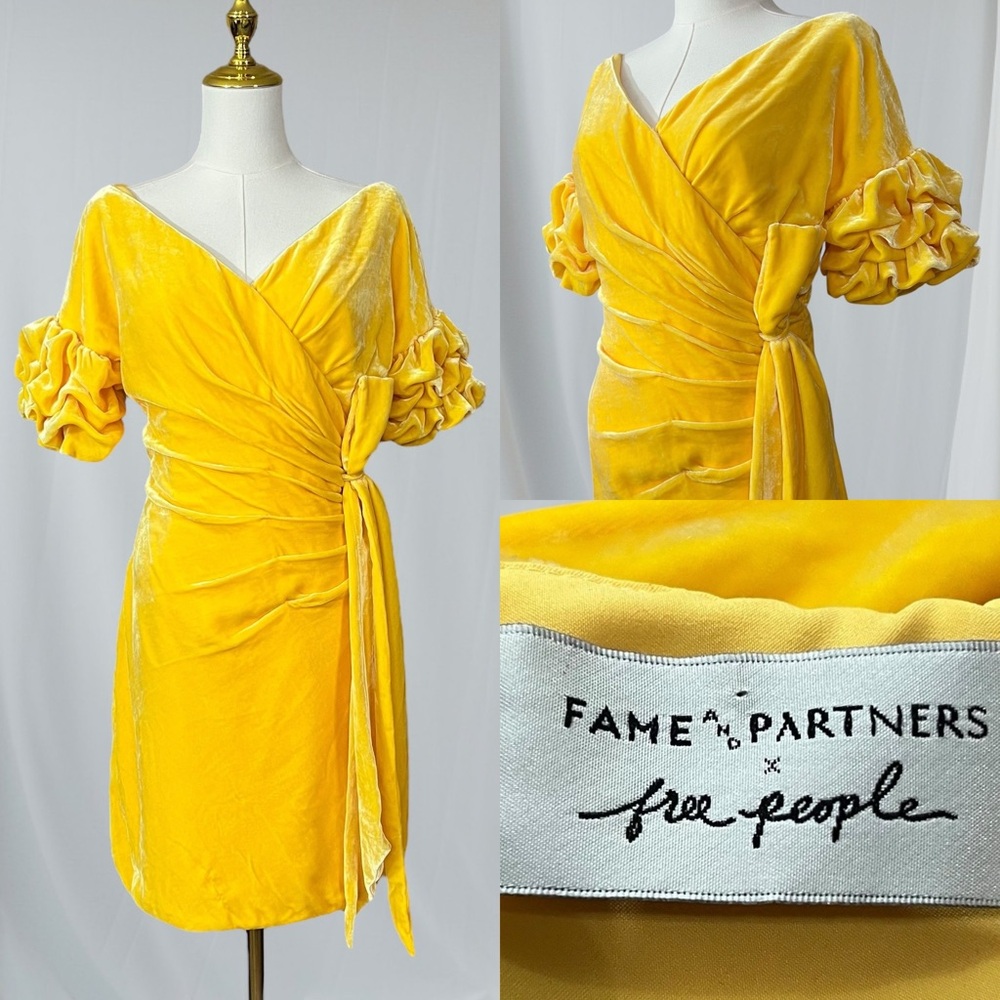 Free People Yellow Velvet Faux Wrap Dress Sz 4